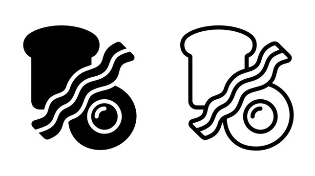Breakfast food icons set bread bacon egg solid outline glyph vector illustration with breakfast, delicious