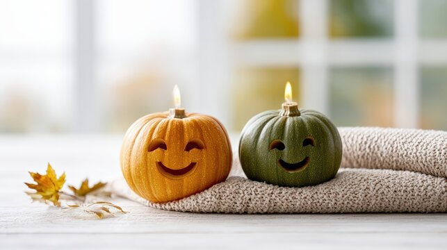 Carved squash with smiling faces lit by candlelight on a rustic table. Autumn festival theme in a cartoon drawing style with a complementary color scheme.