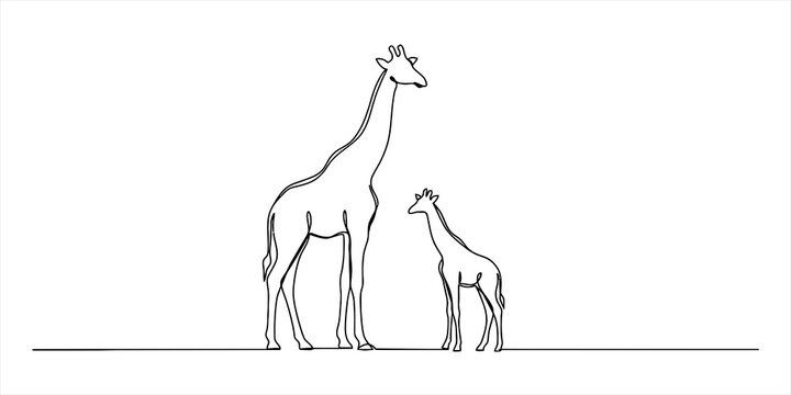 Continuous one line drawing of a mother giraffe and baby