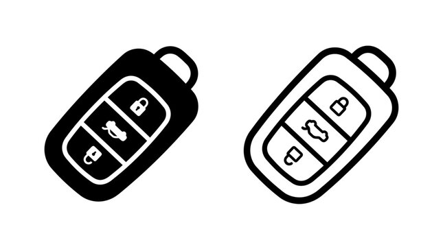 Black and white car key fob remote control icons vector graphic illustration set with silhouette, isolated