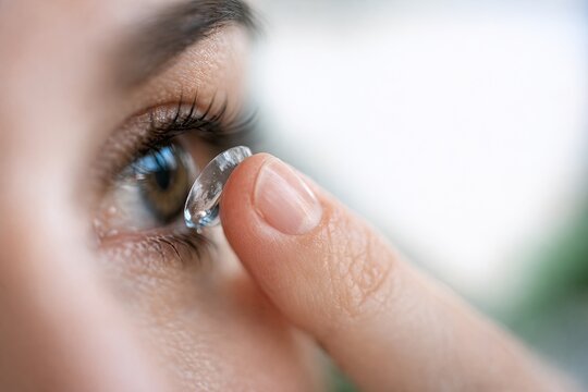 A close-up shot of a person's hand holding a contact lens, ready for application