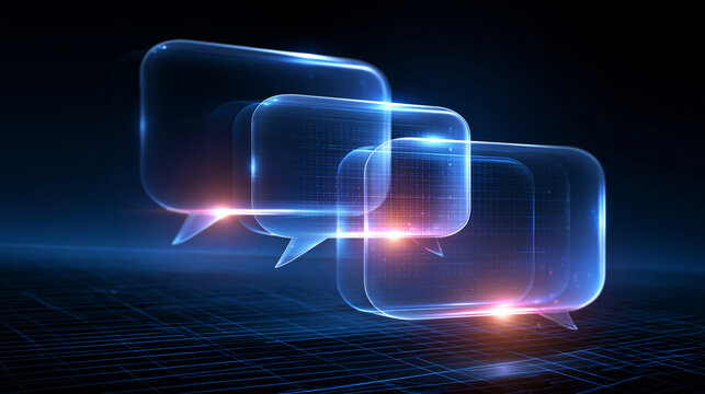 Futuristic glowing chatbot interface with layered translucent speech bubbles in soft blue and violet tones fine grid lines suggesting a data network in the background communication