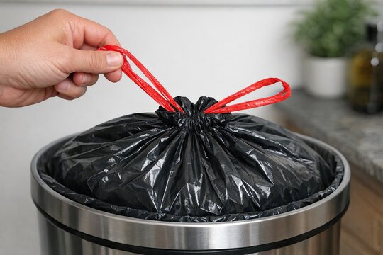 A person disposing of a red ribbon into a trash can, with no romantic connotations