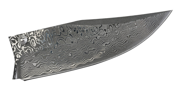 Knife blade with the characteristic wavy and ringed pattern typical of Damascus steel