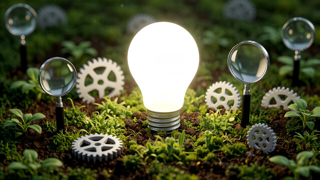A glowing light bulb surrounded by gears and magnifying glasses on green mossy ground.