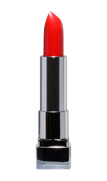 Macro of an open stick of red lipstick in a glossy silver case.