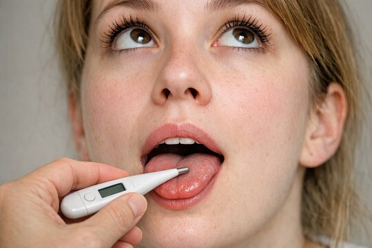 A person taking their own temperature with a digital thermometer