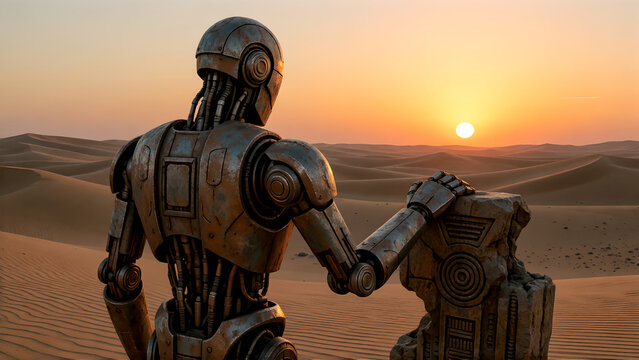 A metallic humanoid robot standing in a vast desert landscape at sunset.