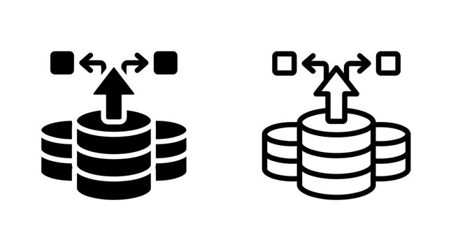 Data migration icon showing server stack with directional arrows and nodes representing database transfer