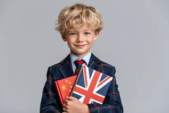 Smiling boy in school uniform holding british and chinese flag books on neutral background. Education and language learning concept. Studio portrait for international education campaign