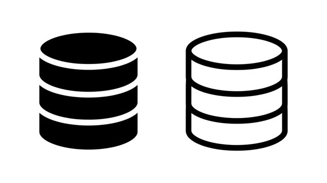 Database storage cylinder stack icon vector illustration set in solid and outline style with database