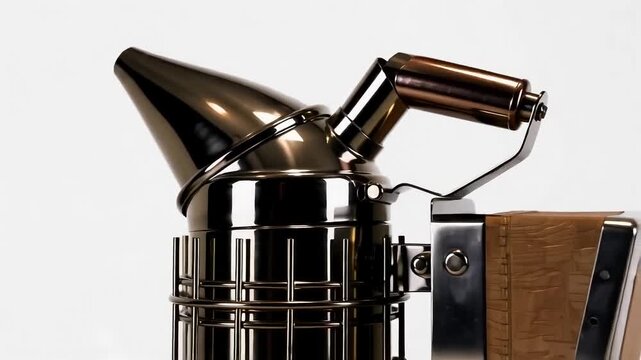 Bee smoker stainless steel tool for beekeeping operations showing metal texture and reflective surfaces in this smooth motion video clip