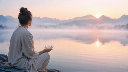 Fototapeta premium Woman holding a lotus flower beside a tranquil mountain lake at sunrise. Peaceful mindfulness and inner harmony concept for International Day of Peace.