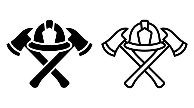 Firefighter helmet and crossed axes black and white icon set with firefighter emergency illustration