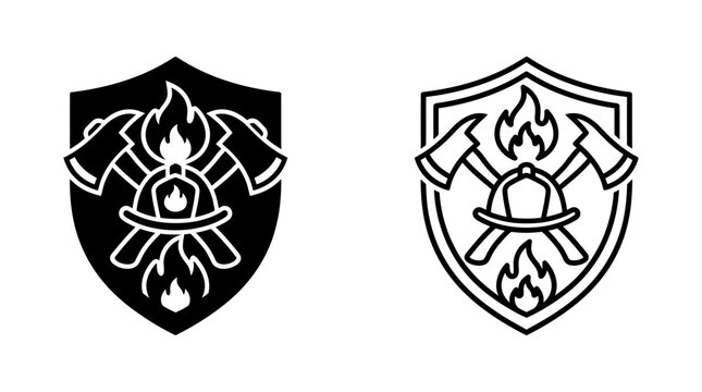 Firefighter shield badge with flames helmet and crossed axes firefighter emergency illustration