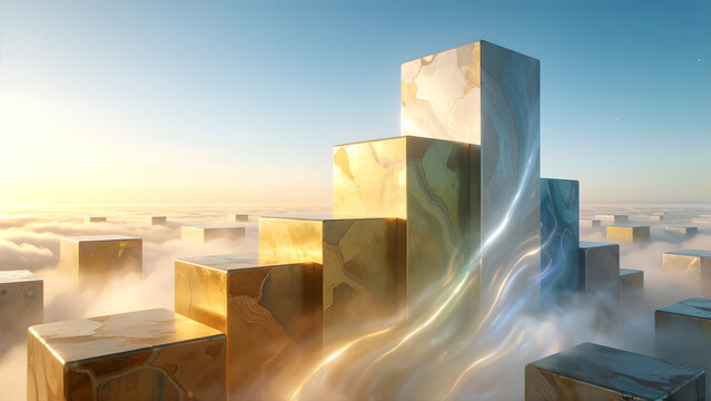 Abstract composition of golden metallic cubes floating above a sea of clouds.