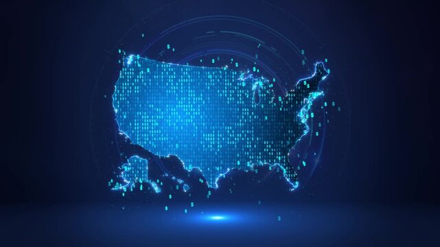Digital America map filled dollar signs futuristic financial . banking, investment markets, economic forecasts, taxation, lending, business strategy, monetary policy, consumer financial analysis