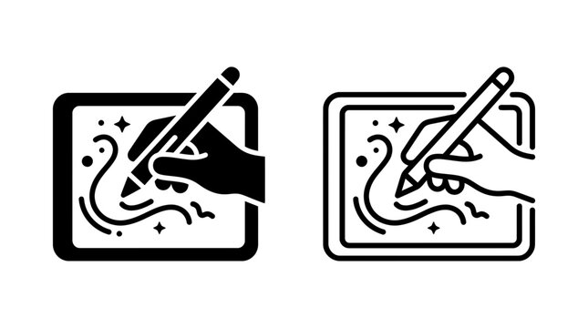 Hand drawing digital tablet screen with stylus pen icon solid and outline set creative technology