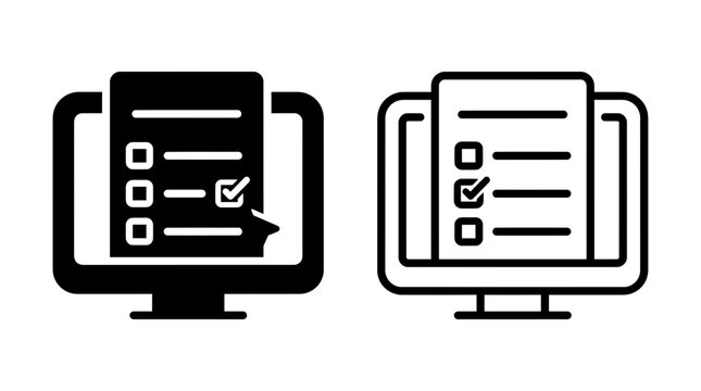 Computer monitor displaying check list document form icon in solid and outline design style with computer