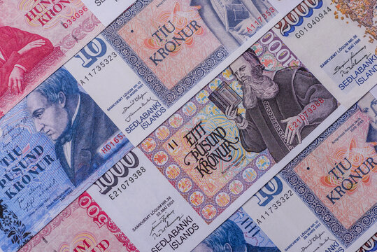 Iceland, Icelandic paper banknotes krona for settlements and financial transactions. Icelandic krona