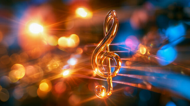 Golden treble clef surrounded by glowing musical notes and warm light, symbolizing melody, harmony, classical music, creativity, performance, and entertainment