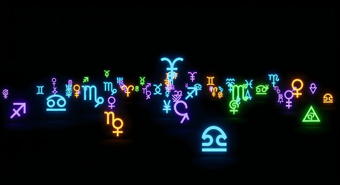 A vibrant display of neon zodiac signs illuminating the night sky with colorful brilliance