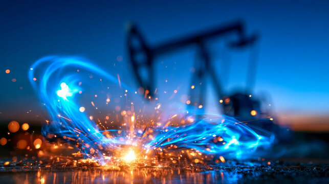 Abstract oil pumpjack with glowing blue energy waves and orange sparks, symbolizing petroleum extraction, energy production, industrial power, and fossil fuels