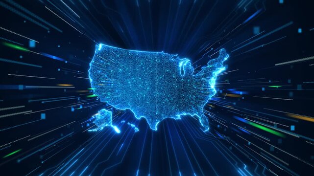 Futuristic America map data points transmission trails outward. fiber connectivity, broadband coverage, network throughput, cloud services, digital infrastructure nationwide communication 19.