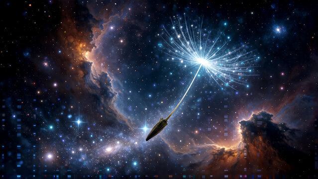 A glowing dandelion seed floating through the vastness of deep space among stars and nebulae.