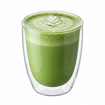 Double walled glass filled with hot green matcha latte featuring heart foam art isolated on a white background, morning beverage, cafe lifestyle.