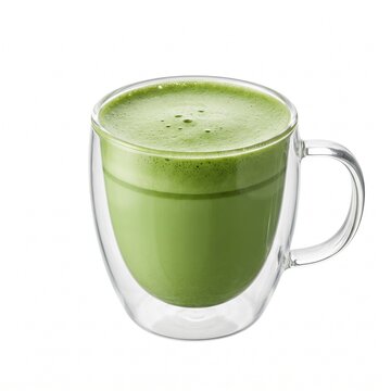 Double walled glass mug with a handle filled with hot green matcha latte isolated on a white background, morning beverage, cafe lifestyle.