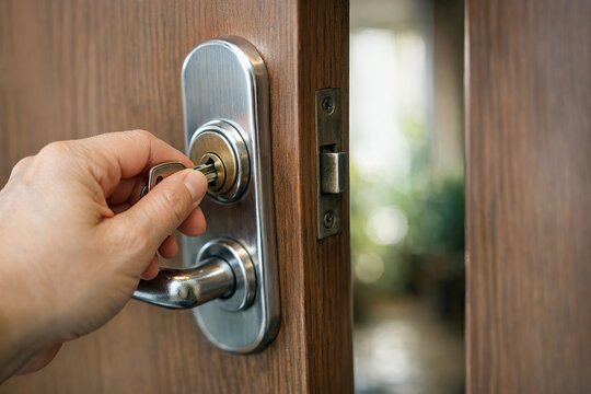 A person holding a key opens a door, useful for lock and key related concepts