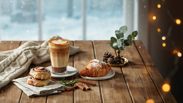 Latte with cinnamon rolls and croissant on a wooden table with festive lights during winter