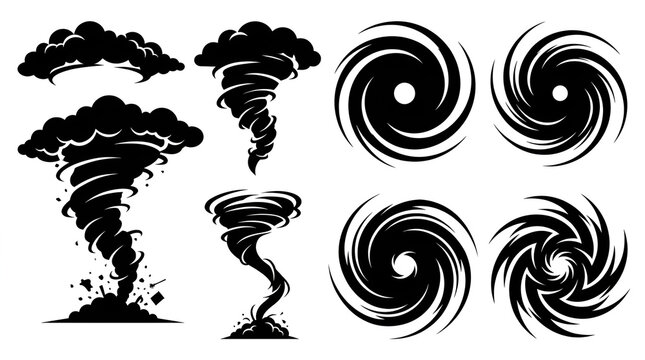 Vector silhouettes of tornado funnel clouds and hurricane wind spirals isolated on white background