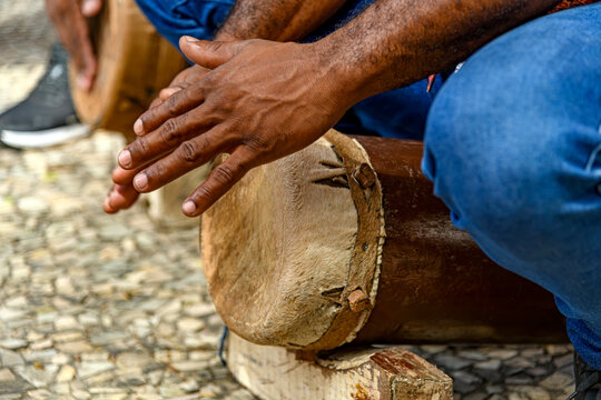 A rustic, handmade wooden drum used in the &ldquo;tambor de crioula&rdquo; tradition in the state of Maranh&atilde;o, Brazil