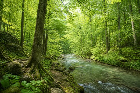 Forest stream flowing through mossy green woodland valley