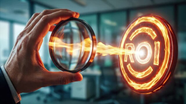 Return on investment analysis through a magnifying lens with a glowing burning roi symbol. Business finance and profit growth strategy for corporate success, capital revenue and economic performance