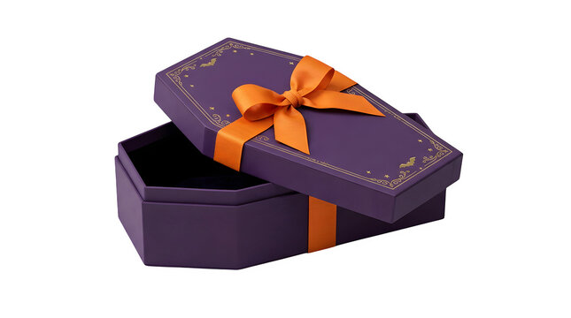 Purple coffinshaped gift box with an orange ribbon bow isolated on transparent background