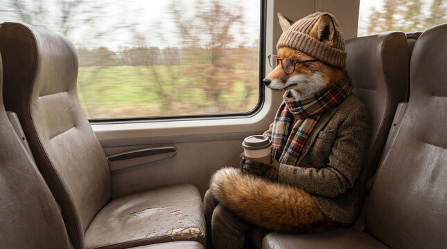 Fox reading in cafe, creative anthropomorphic lifestyle scene showing animal welfare, responsible care, wellbeing, humane values, education, community awareness, supporting responsible care education