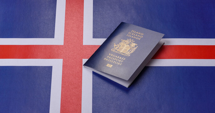 Iceland, Icelandic passport or id document with tickets for flight, travel. Icelandic passport