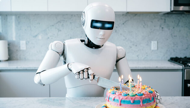 Futuristic humanoid robot butler cutting a colorful birthday cake with lit candles in modern kitchen