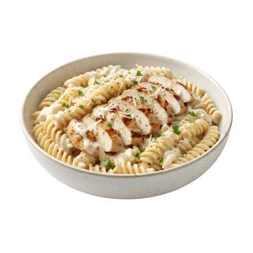 Creamy chicken alfredo rotini pasta in a bowl isolated on transparent background
