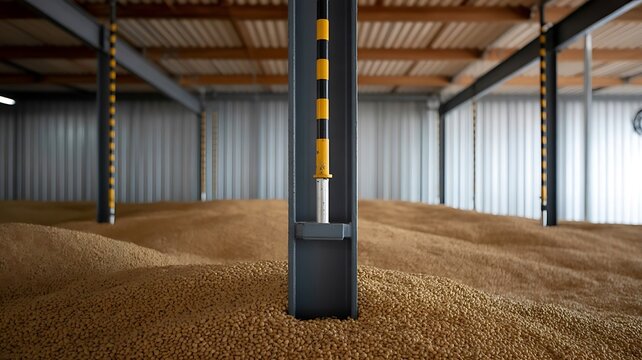 Industrial grain storage facility interior with large piles of harvested wheat seeds and metal support columns marked with yellow safety stripes