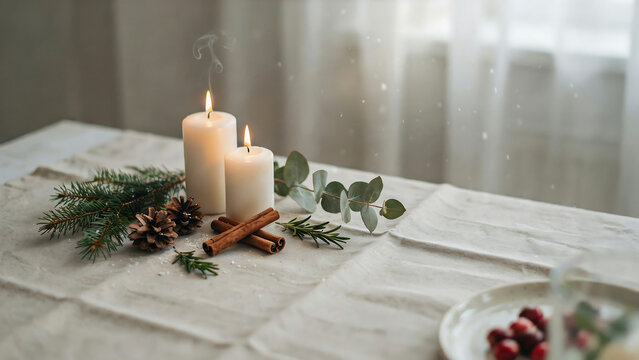 Two lit pillar candles with pine cones and cinnamon sticks on a textured tablecloth during soft daylight creating a cozy festive atmosphere