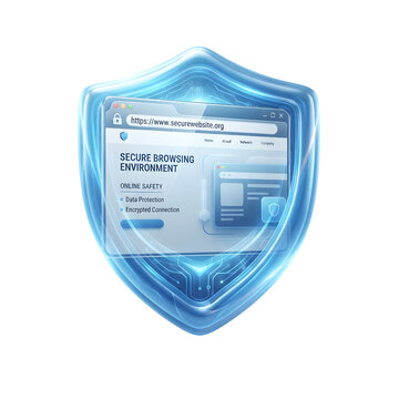 Digital security shield protecting a web browser window isolated on transparent background