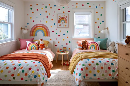 Colorful kids bedroom with two separate beds, rainbow decor, playful wall art, wooden toys, bright cheerful sunlight