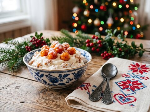 Antique Porcelain Bowl of Multekrem with Pewter Spoons and Christmas Decor
