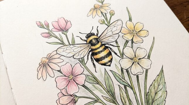 Vintage botanical illustration of a bumblebee on wildflowers, hand-drawn honeybee with pastel floral bouquet, cottagecore garden art