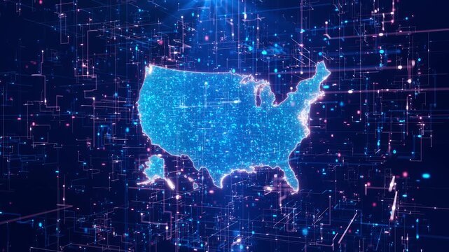 Luminous America particle map futuristic environment geometric nodes. software presentations, analytics, cloud systems, digital transformation, research visuals, cyber modern 19 backgrounds.