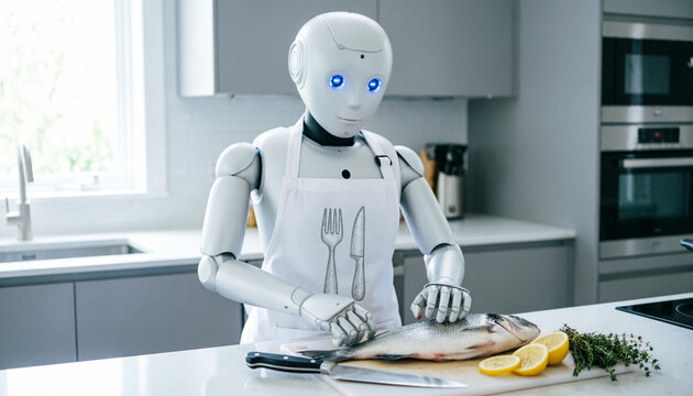 Futuristic humanoid robot chef wearing apron and preparing fresh raw fish in modern kitchen